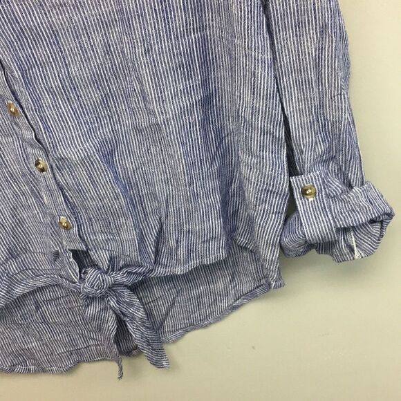 E&M | Blue Stripe Tie Front Button Shirt | S - Picture 3 of 5